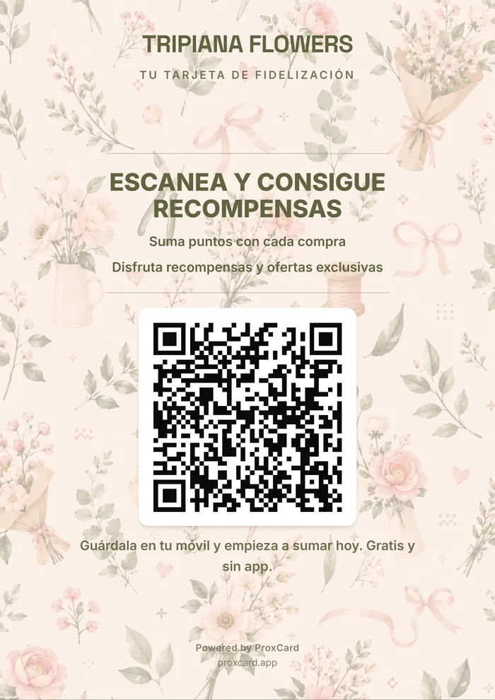 Cartel A4 de Tripiana Flowers con un QR grande y el texto «Escanea y consigue recompensas».