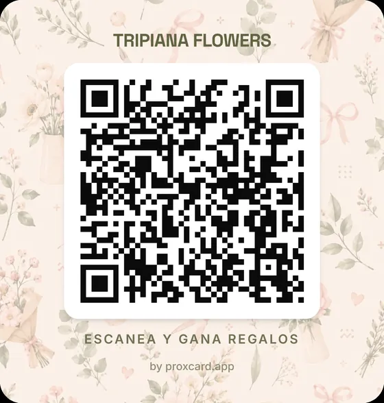 Pegatina cuadrada de Tripiana Flowers con el QR y el texto «Escanea y gana regalos».