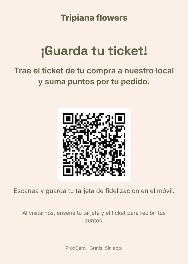 Tarjeta A6 para el reparto a domicilio con el texto «¡Guarda tu ticket!» y el QR de la tarjeta.
